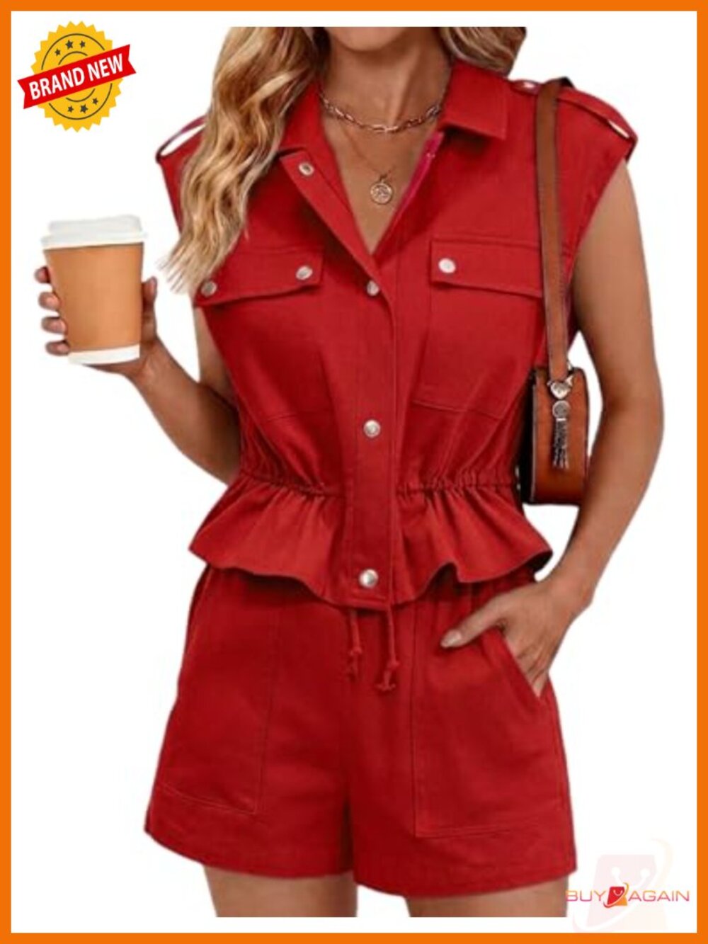 Sleeveless Button Down Peplum Top and Shorts Set